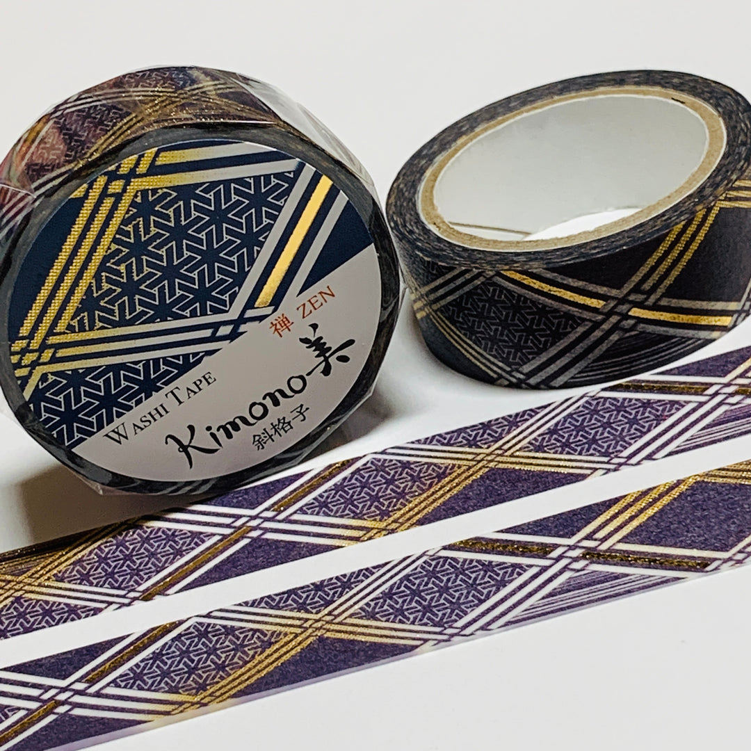 KIMONO SLANTED GRID NAVY & Gold Foil Saien Washi Tape ~ 1 Roll ~ 15mm x 7m (23 Feet)