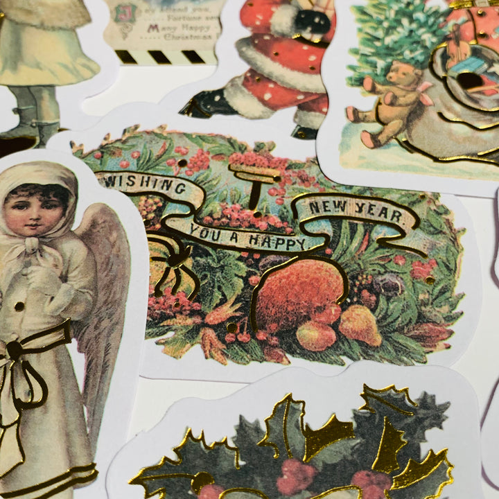 A VICTORIAN CHRISTMAS With BELLS And Gold Foiled Ephemera Stickers Pack ~ 24 Pieces ~ 3 Inches