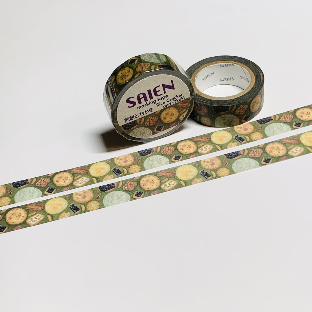 OKAKI & RICE CRACKERS Food Saien Masking Washi Tape - 1 Roll - 15mm x 10m (33 Feet)