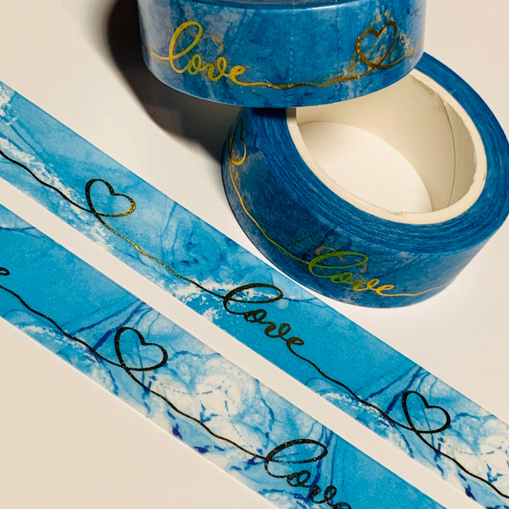 BLUE MARBLE LOVE SCRIPT Gold Foil Washi Tape ~ 1 Roll ~ 15mm x 10m (33 Feet)