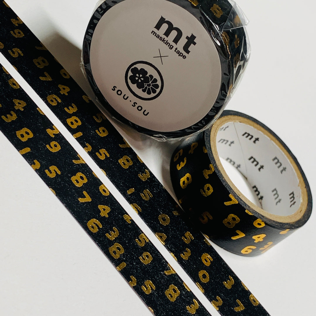 KONKIN BLACK & GOLD DIGITS by Sou Sou MT Washi Tape -1 roll - 15mm x 3m (10 Feet)