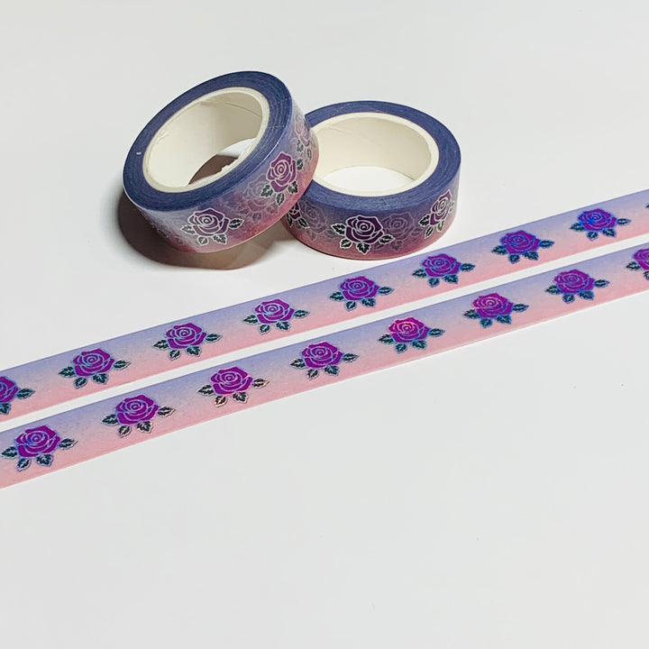 FULL BLOOM ROSES On Purple Ombre Silver Foil Washi Tape ~ 1 Roll ~ 15mm x 10m (33 Feet)