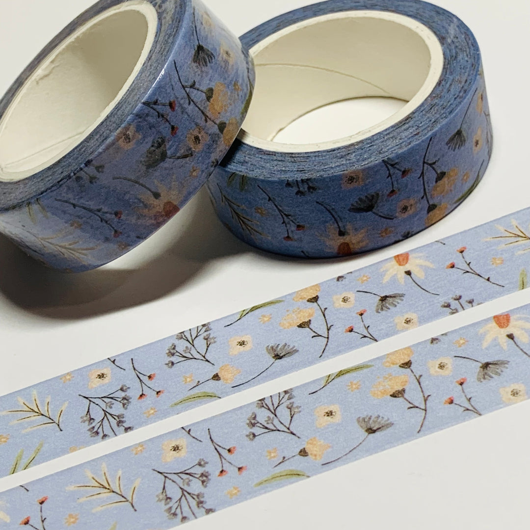 RETRO TOSSED WILDFLOWERS On A Blue Bed Washi Tape ~ 1 Roll ~ 15mm x 10m (33 Feet)