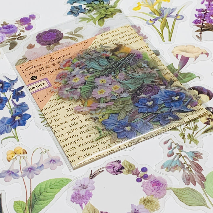 ROMANTIC BLUE & PURPLE WILDFLOWERS Peelable Stickers Pack ~ 40 Pieces, Each Sticker 85-105mm