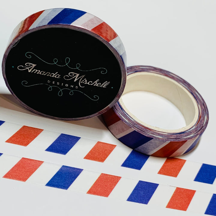 RED WHITE And BLUE Diagonal Striped Thin Amanda Mischell Washi Tape ~ 1 Roll ~ 10mm x 10m (33 Feet)