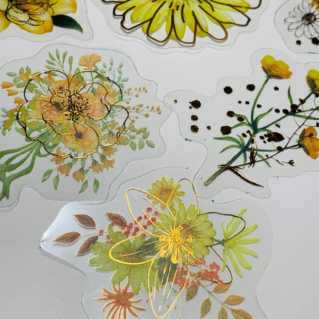 DAISY IS FULL YELLOW FLORAL ASSORTMENT Gold Foil Peelable Sticker Pack ~ 30 Pieces, Each Sticker 51-65mm