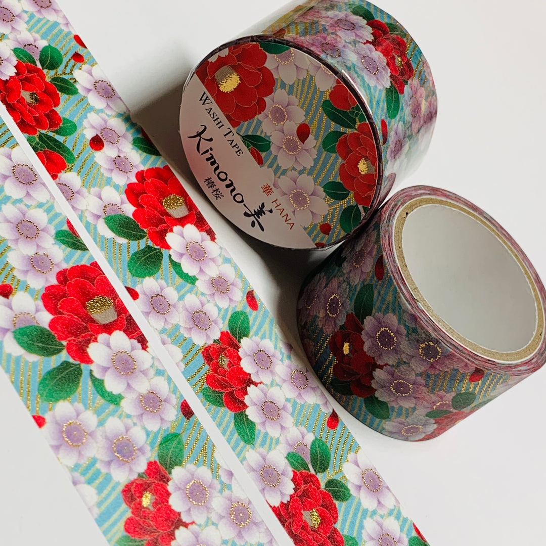 KIMONO CAMELLIA And CHERRY BLOSSOMS Gold Foil Saien Washi Tape ~ 1 Roll ~ 25mm x 5m (16 Feet)