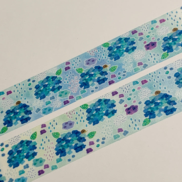 RAINY BLUE HYDRANGEA FLOWERS Saien Masking Washi Tape ~ 1 Roll ~ 20mm x 7m (23 Feet)