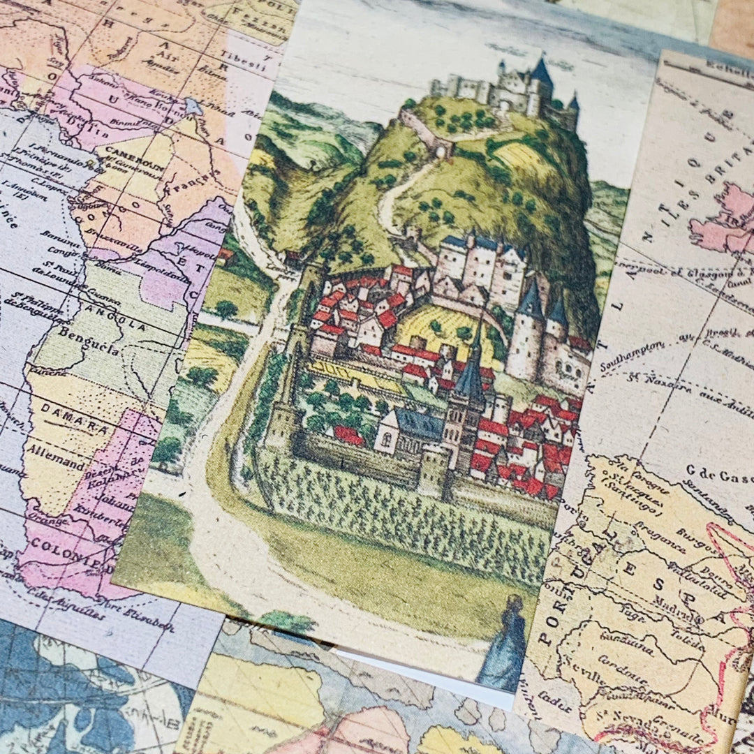 TRAVEL FOOTPRINT MAPS & SKETCHED TOPICAL Booklet of Ephemera Sheets ~ 60 Sheet ~ 2 x 3.25 Inches