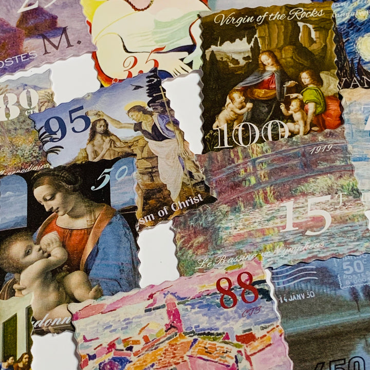 ICONIC NOTABLE PAINTING Stamps Peelable Stickers  ~ 45 Pieces ~ Each Sticker is Approximately38mm