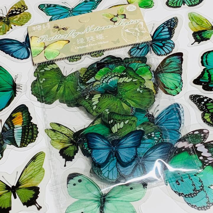 GREEN BUTTERFLY NATURE Series Transparent Peelable Stickers ~ 40 Stickers - 40 to 50mm In Size