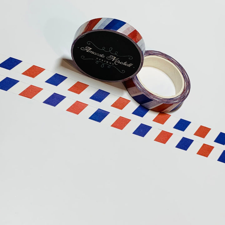 RED WHITE And BLUE Diagonal Striped Thin Amanda Mischell Washi Tape ~ 1 Roll ~ 10mm x 10m (33 Feet)