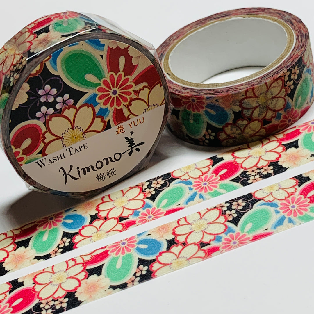 KIMONO PLUM & CHERRY BLOSSOMS Saien Washi Tape ~ 1 Roll ~ 15mm x 7m (23 Feet)