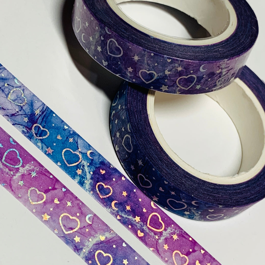 CLUSTERED HEARTS STARS & MOONS Holographic Silver Foil Washi Tape ~ 1 Roll ~ 10mm x 10m (33 Feet)