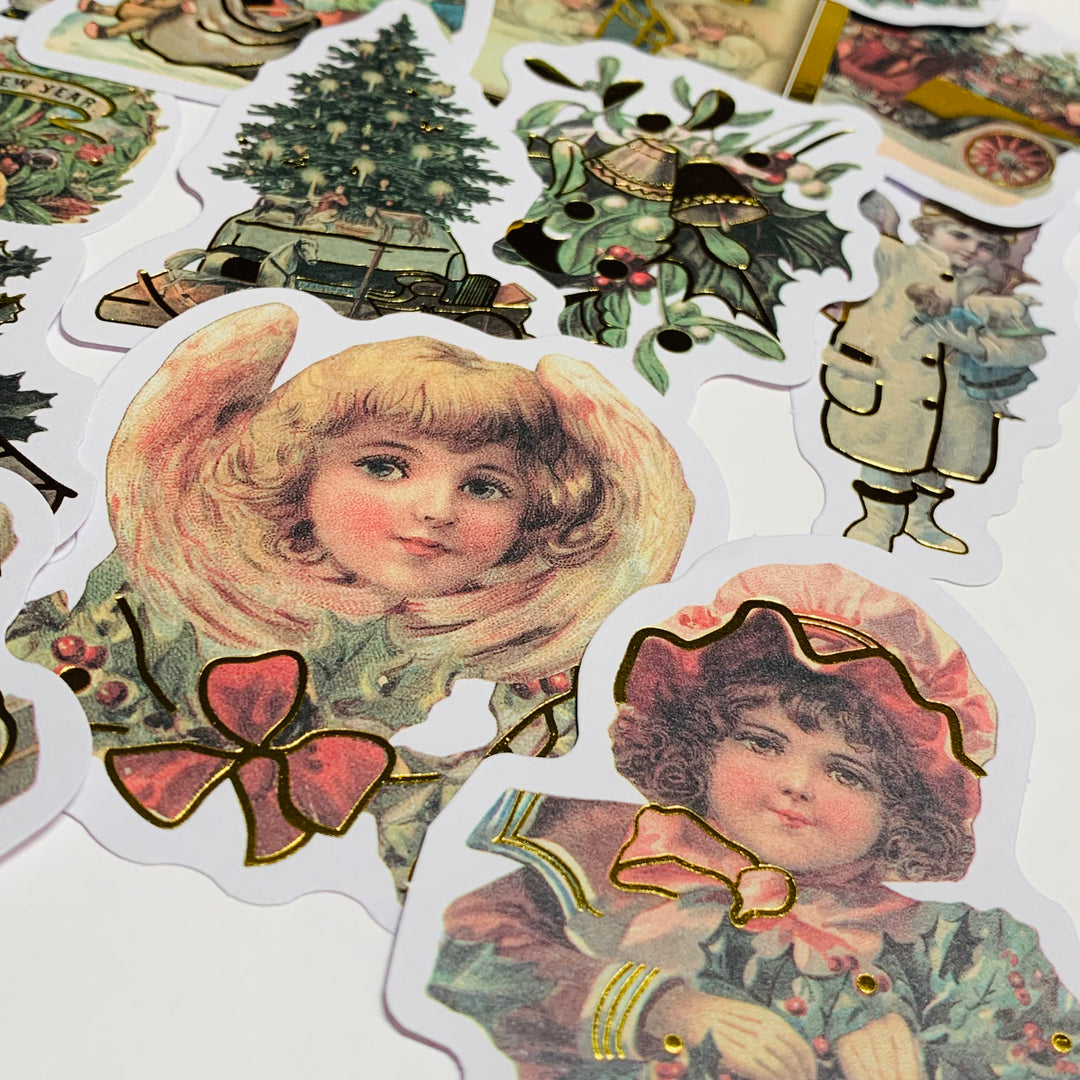 A VICTORIAN CHRISTMAS With BELLS And Gold Foiled Ephemera Stickers Pack ~ 24 Pieces ~ 3 Inches