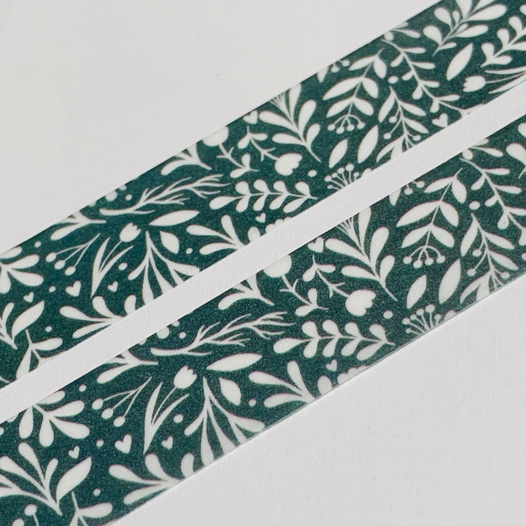 SAGE GREEN And WHITE Foliage Leaves Washi Tape ~ 1 Roll ~ 15mm x 10m (33 Feet)