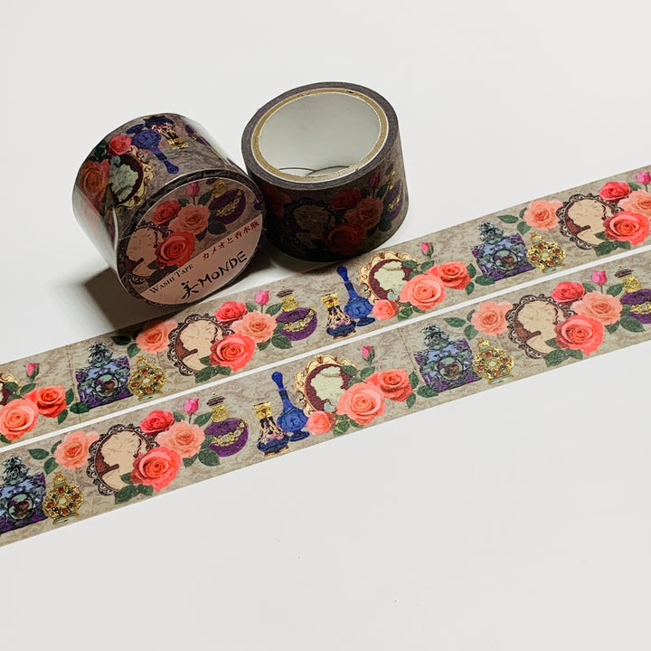 KIMONO MONDE CAMEO And PERFUME BOTTLE Gold Foil Saien Washi Tape ~ 1 Roll ~ 25mm x 5m (16 Feet)