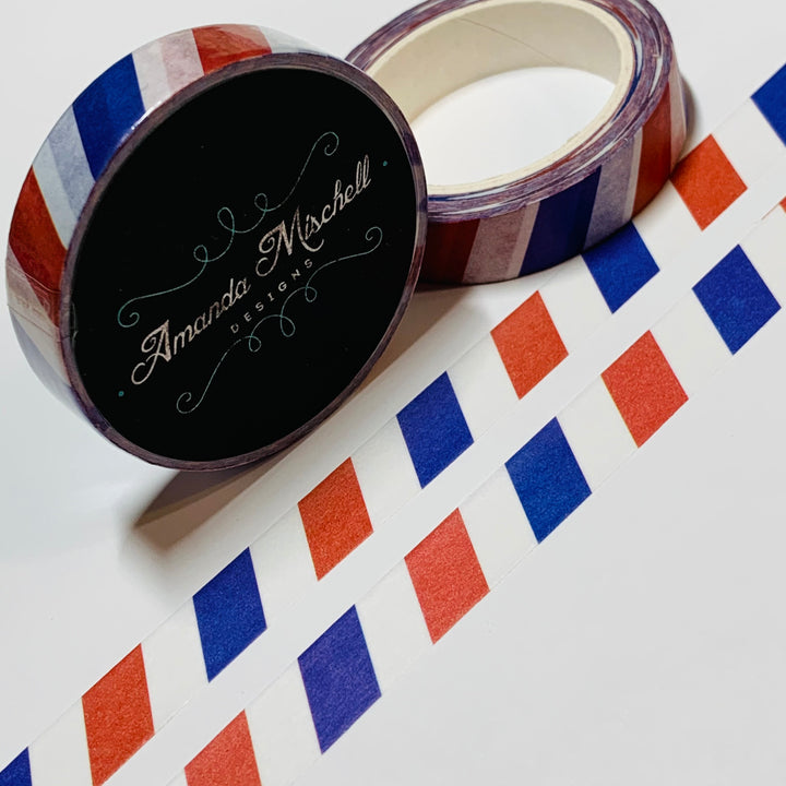 RED WHITE And BLUE Diagonal Striped Thin Amanda Mischell Washi Tape ~ 1 Roll ~ 10mm x 10m (33 Feet)