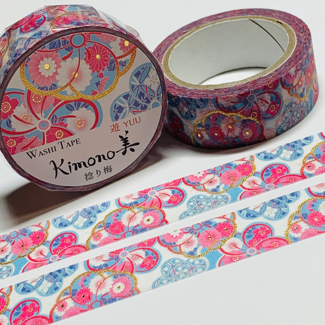 KIMONO TWISTED PLUM Gold Foil Saien Washi Tape ~ 1 Roll ~ 15mm x 7m (23 Feet)