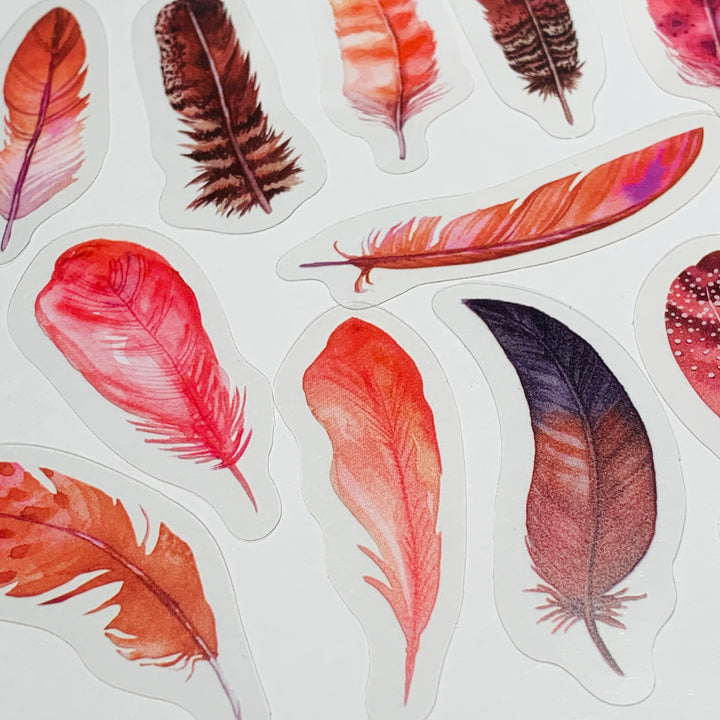 REDDISH ORANGE FEATHER ASSORTMENT Peelable Sticker Ephemera Pack ~ 40 Pieces, Each Sticker 50-60mm