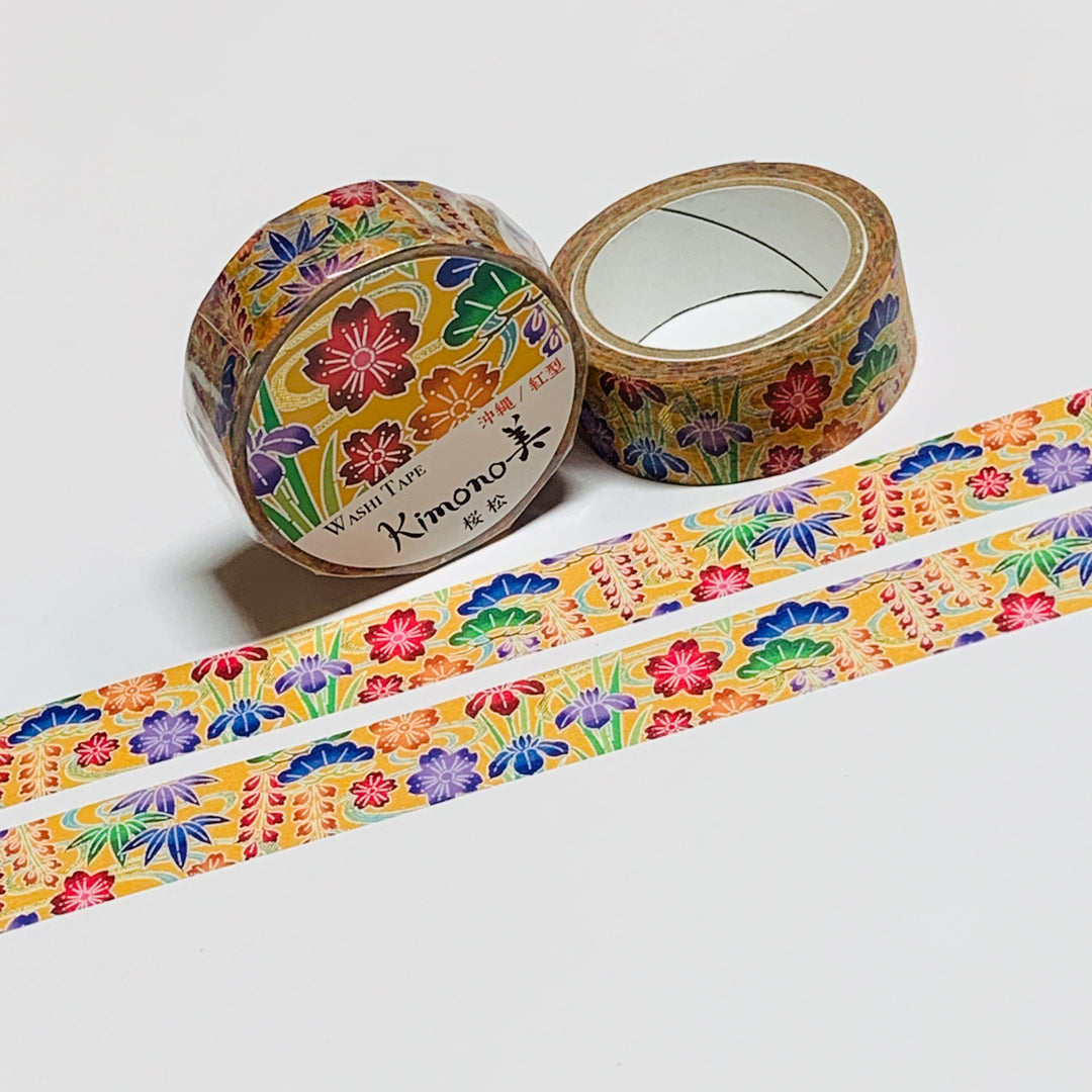 KIMONO CHERRY BLOSSOM & PINE Gold Foil Saien Washi Tape ~ 1 Roll ~ 15mm x 7m (23 Feet)