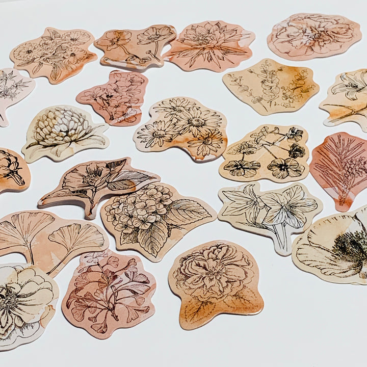 TEA-STAINED DOODLED FLOWERS Peelable Stickers  ~ 46 Pieces ~ Each Sticker is 44mm