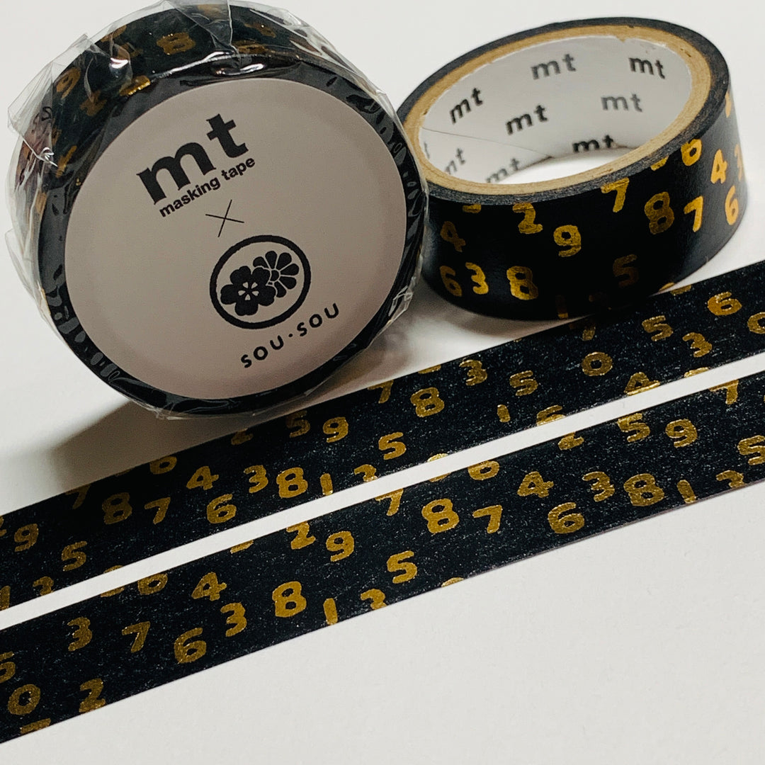 KONKIN BLACK & GOLD DIGITS by Sou Sou MT Washi Tape -1 roll - 15mm x 3m (10 Feet)