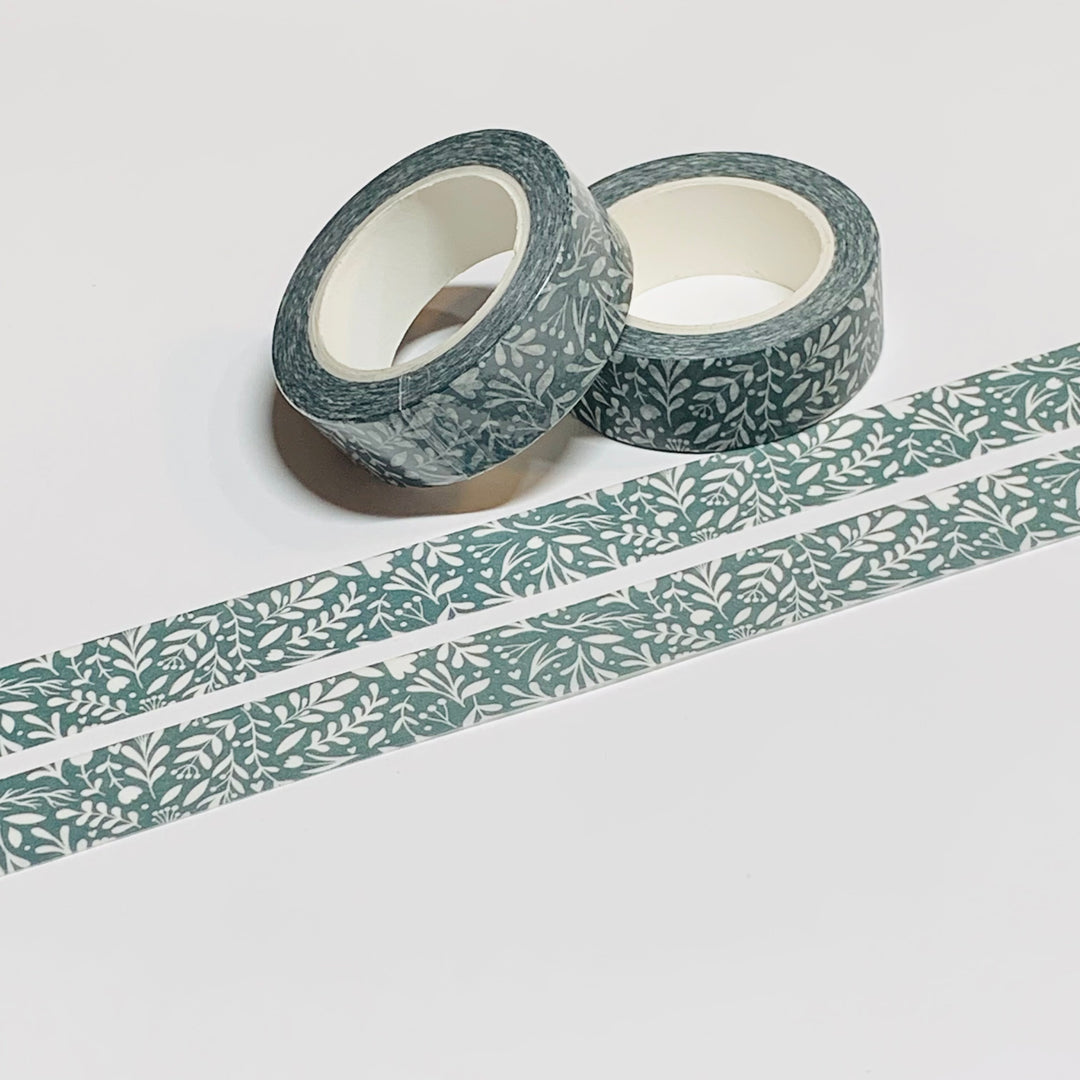 SAGE GREEN And WHITE Foliage Leaves Washi Tape ~ 1 Roll ~ 15mm x 10m (33 Feet)