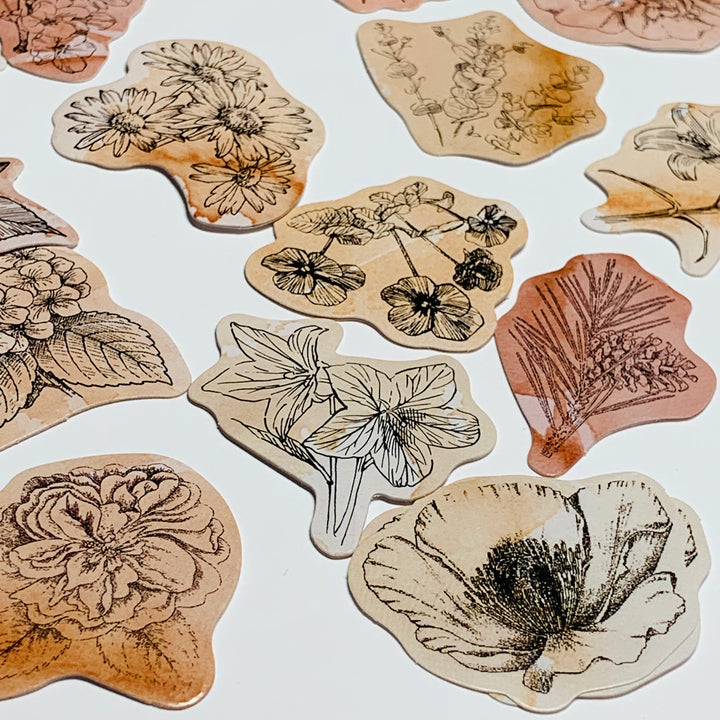 TEA-STAINED DOODLED FLOWERS Peelable Stickers  ~ 46 Pieces ~ Each Sticker is 44mm