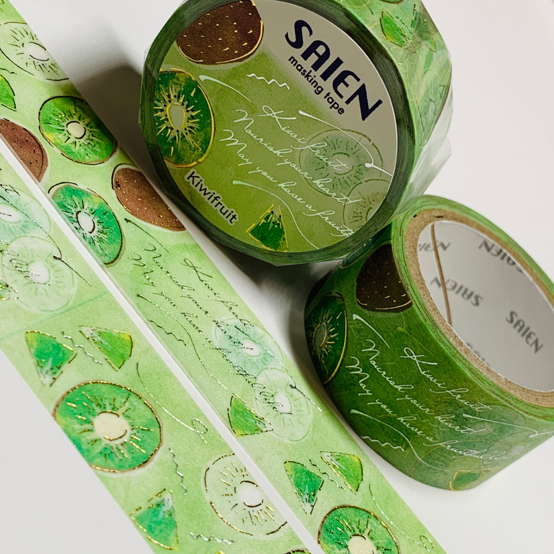 FRUIT TIME KIWI With Silver & Gold Foil Saien Masking Washi Tape ~ 1 Roll ~ 20mm x 5m (16 Feet)