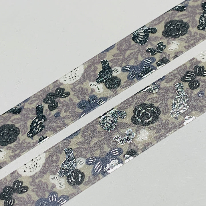 SILVER BIRDS & FLOWERS FOIL Stamping Sou Sou Mt Washi Tape - 1 Roll - 15mm x 3m (10 Feet)