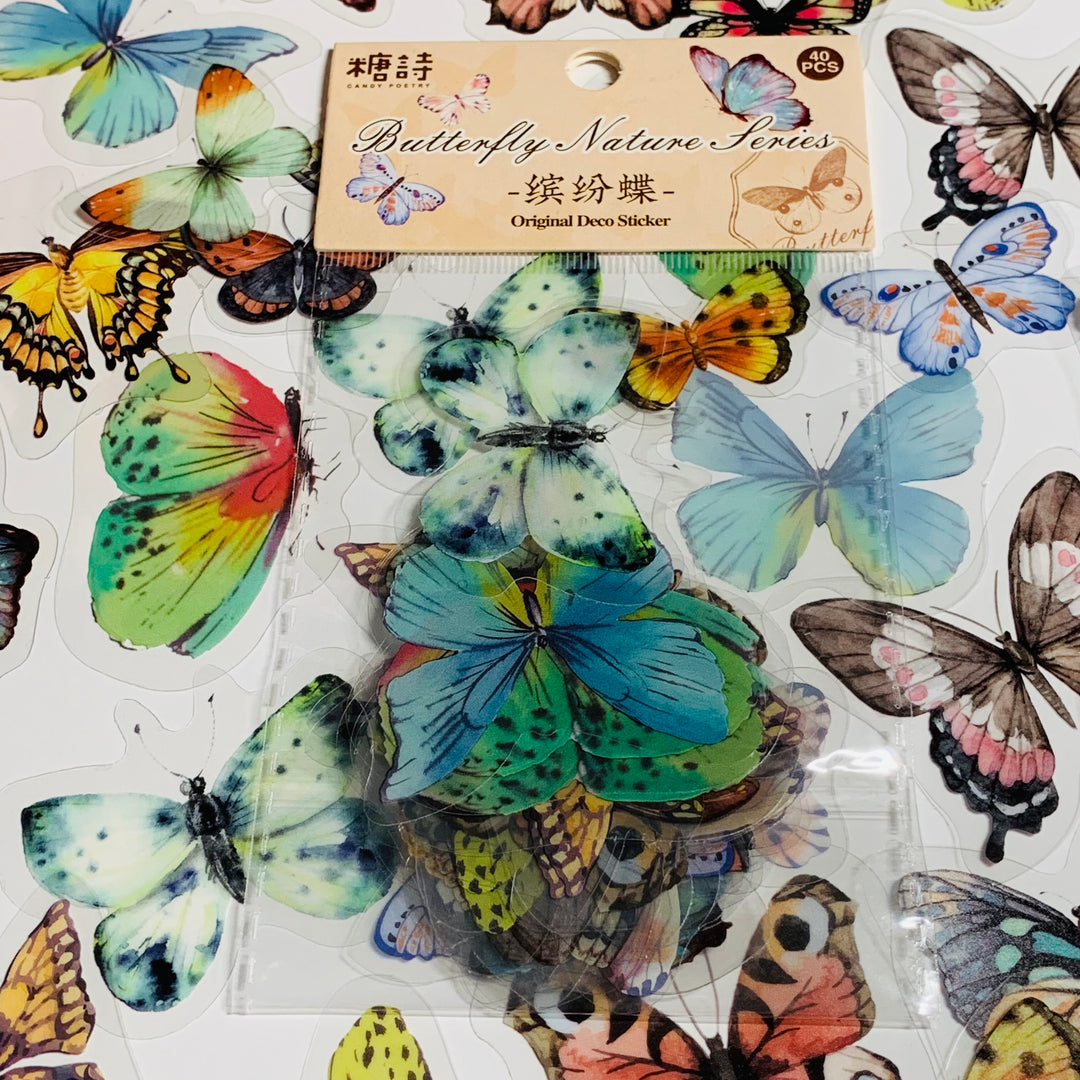 RAINBOW BUTTERFLY NATURE Series Transparent Peelable Stickers ~ 40 Stickers - 40 to 50mm In Size