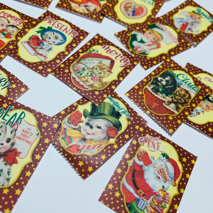 VINTAGE CHRISTMAS TOYS & Animals Ticket Sticker Sheets ~ 1 Stack ~ 150 Stickers in 30 Designs