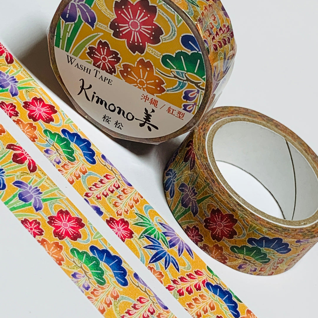 KIMONO CHERRY BLOSSOM & PINE Gold Foil Saien Washi Tape ~ 1 Roll ~ 15mm x 7m (23 Feet)