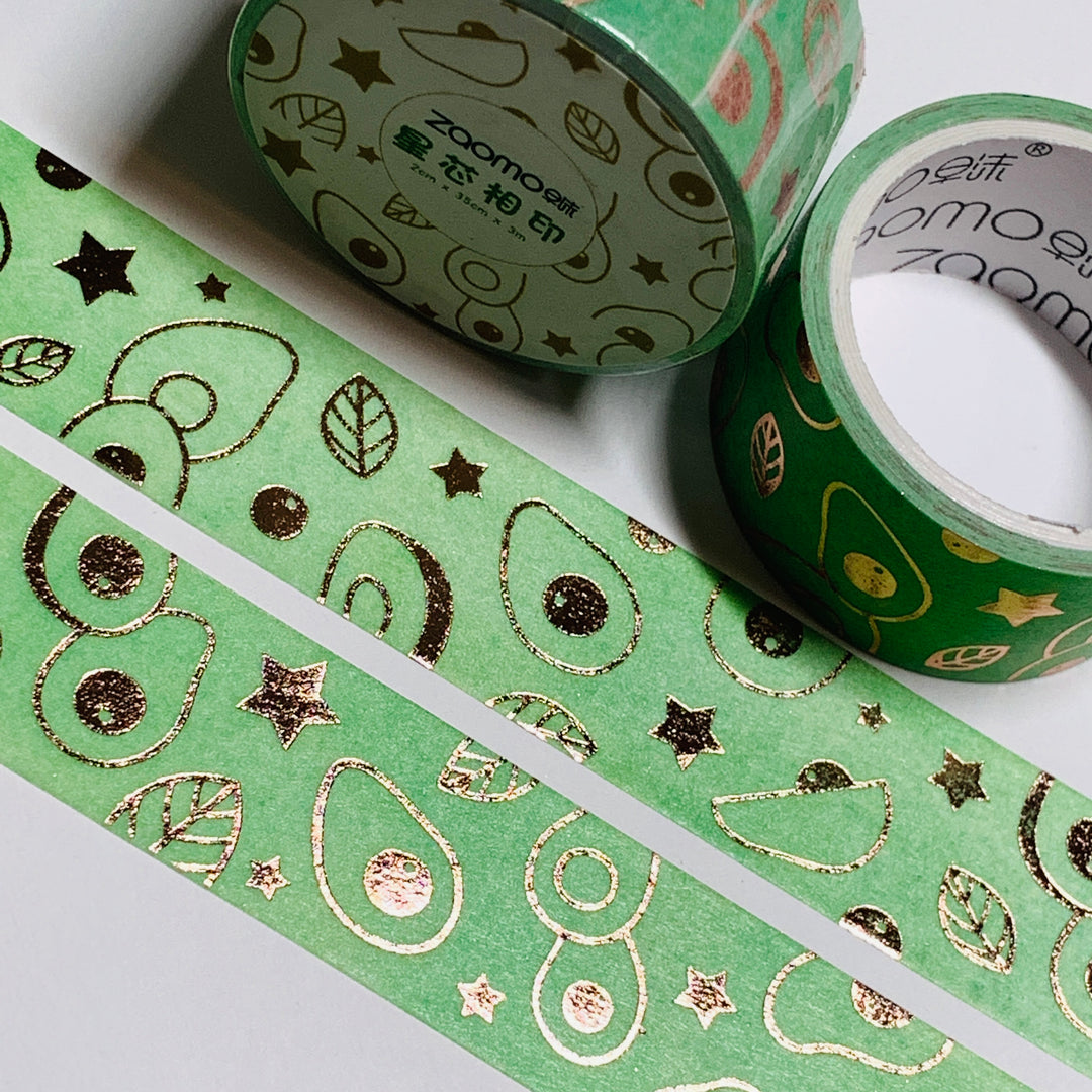 AVOCADO DOODLES & STARS In Gold Foil Washi Tape ~ 1 Roll ~ 20mm x 5m (16 Feet)