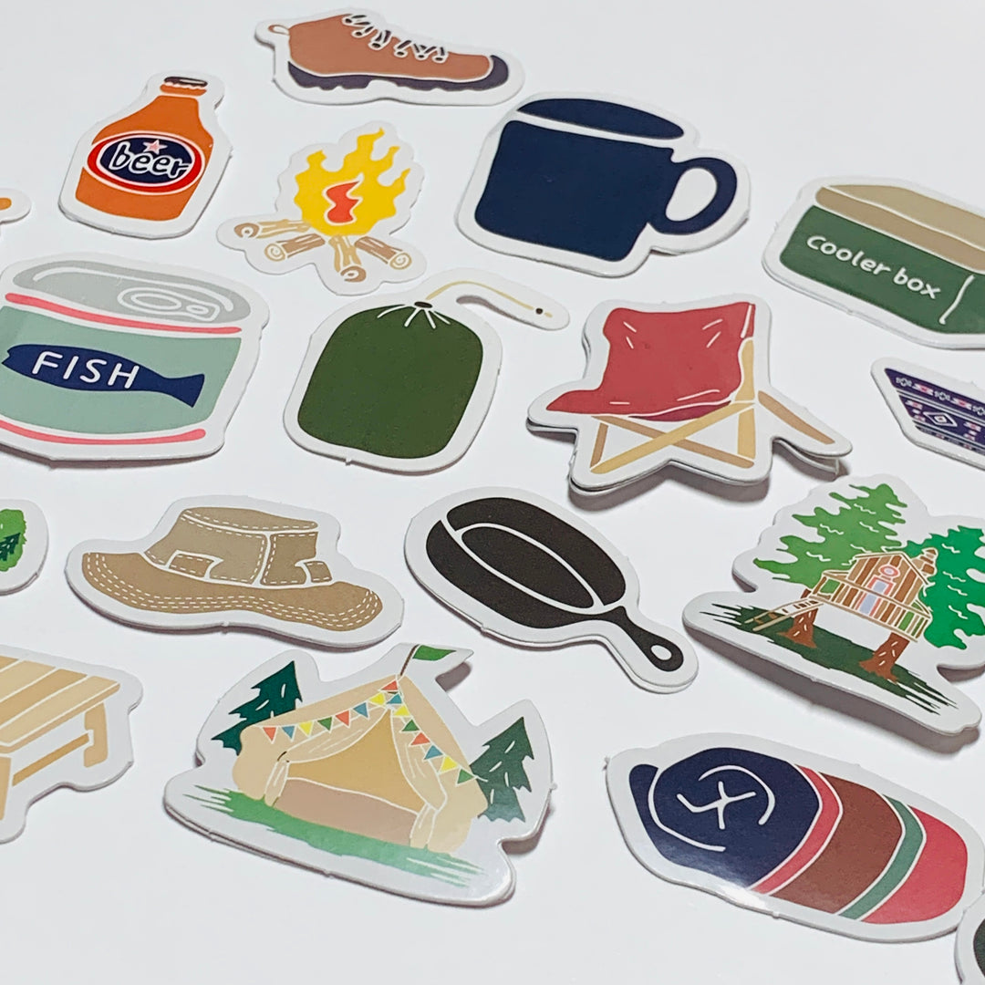 CAMPING GEAR CAMPFIRE Peelable Stickers  ~ 46 Pieces ~ Each Sticker is 38mm