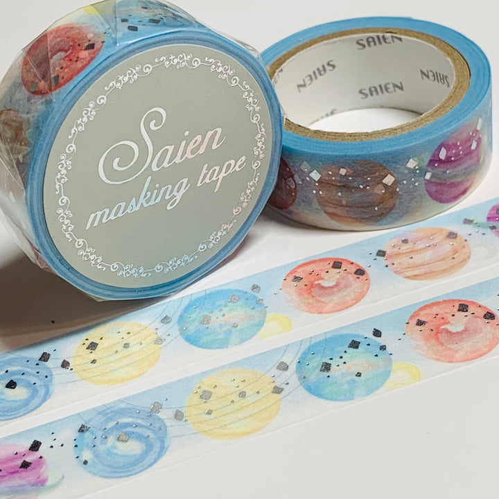 SILVER STUDDED PLANETS Colorful Foil Saien Masking Washi Tape ~ 1 Roll ~ 15mm x 7m (23 Feet)