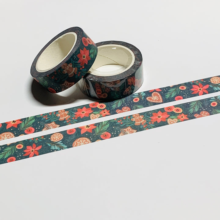 CHRISTMAS TREE GARNISHMENTS Gingerbread & Poinsettias Washi Tape ~ 1 Roll ~ 15mm x 10m (33 Feet)