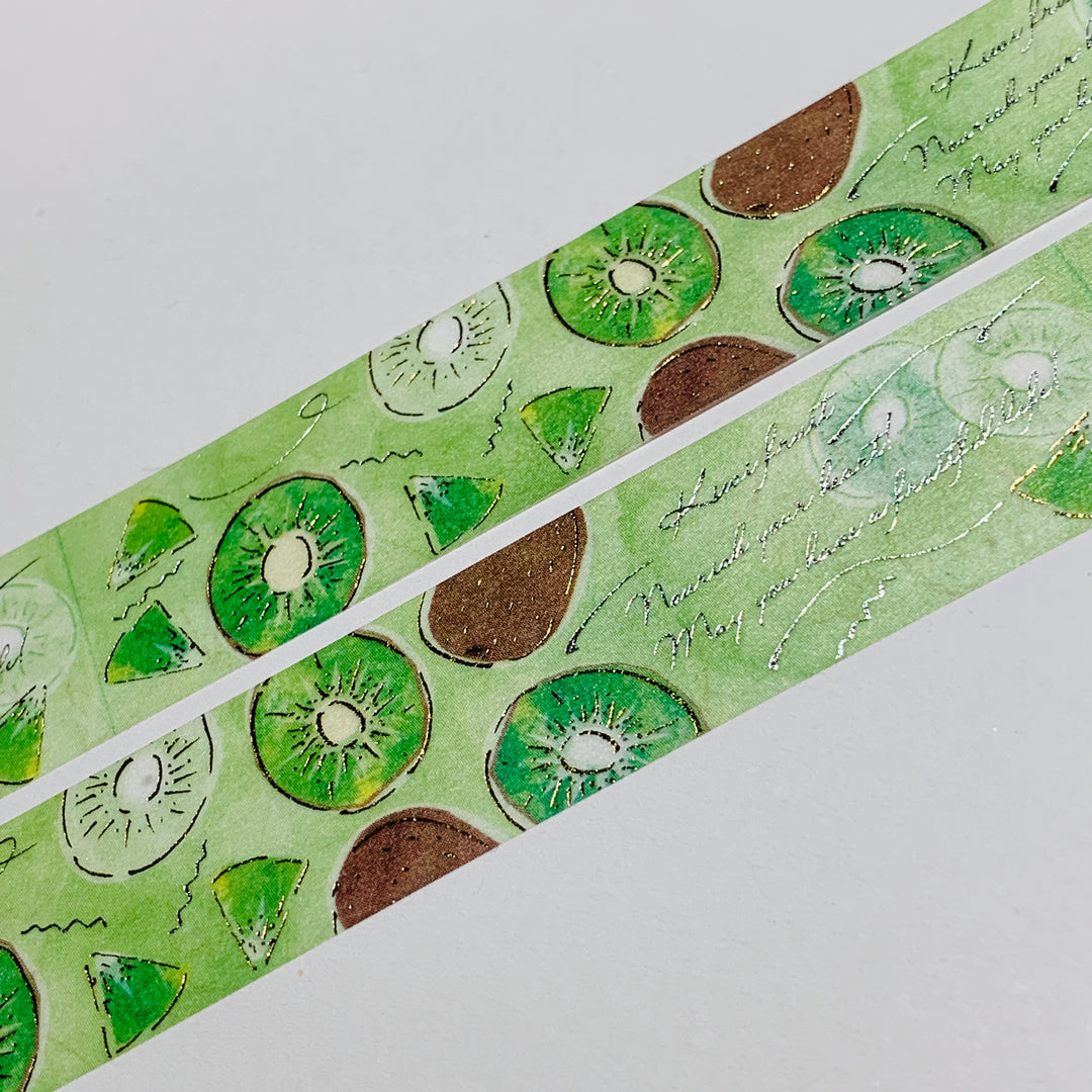 FRUIT TIME KIWI With Silver & Gold Foil Saien Masking Washi Tape ~ 1 Roll ~ 20mm x 5m (16 Feet)