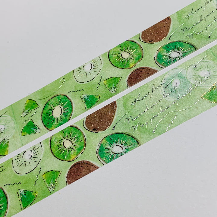 FRUIT TIME KIWI With Silver & Gold Foil Saien Masking Washi Tape ~ 1 Roll ~ 20mm x 5m (16 Feet)