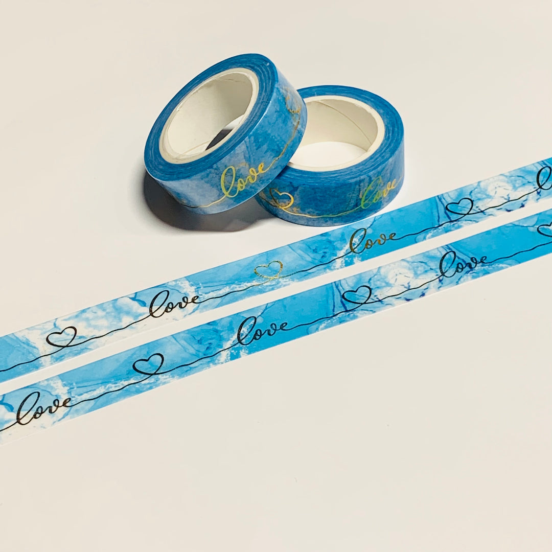 BLUE MARBLE LOVE SCRIPT Gold Foil Washi Tape ~ 1 Roll ~ 15mm x 10m (33 Feet)