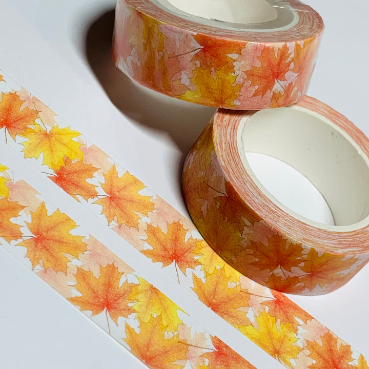 NEW SIZE!  MAPLE LEAVES in ORANGE and Yellow Washi Tape ~ 1 Roll ~ 15mm x 10m (33 Feet)