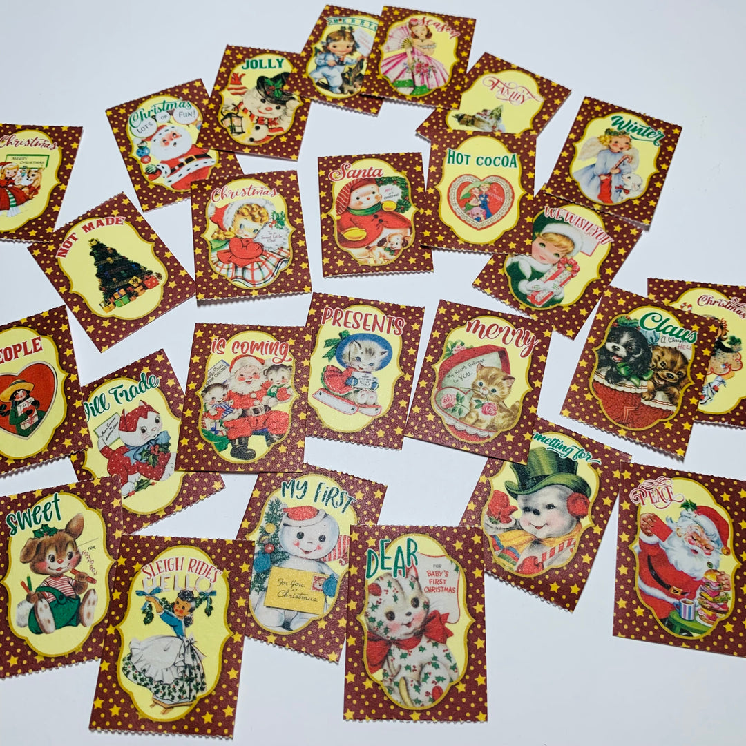 VINTAGE CHRISTMAS TOYS & Animals Ticket Sticker Sheets ~ 1 Stack ~ 150 Stickers in 30 Designs