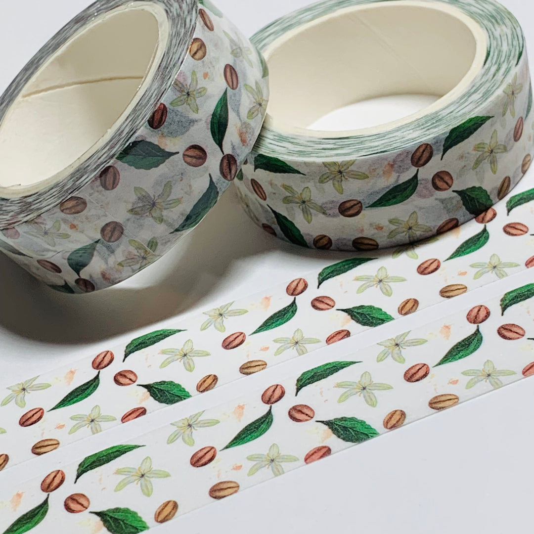 COFFEE BEANS & LEAVES Washi Tape ~ 1 Roll ~ 15mm x 10m (33 Feet)