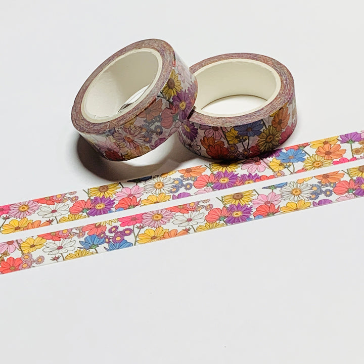 SKETCHED RAINBOW GERBERA DAISIES Floral Washi Tape ~ 1 Roll ~ 15mm x 10m (33 Feet)