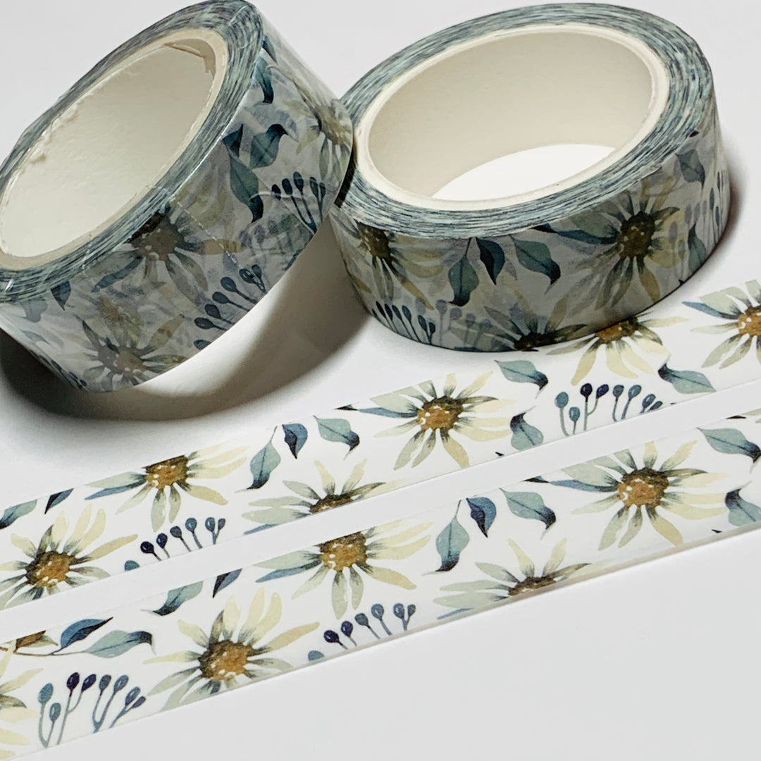 FICKLE WHITE DAISIES Floral Washi Tape ~ 1 Roll ~ 15mm x 10m (33 Feet)