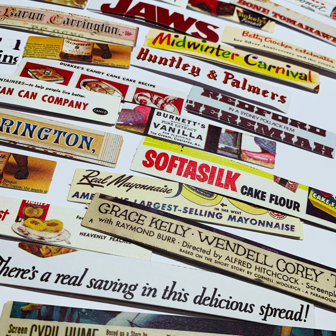 VINTAGE ADVERTISING & MOVIE STICKER STRIPS Ephemera Pack ~ 100 Pieces ~ 50-120mm