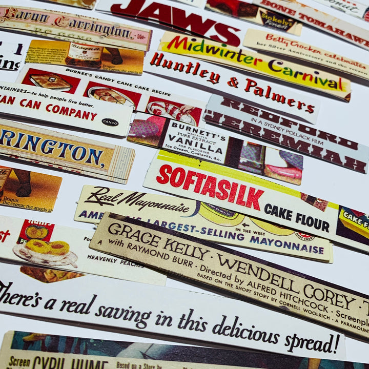 VINTAGE ADVERTISING & MOVIE STICKER STRIPS Ephemera Pack ~ 100 Pieces ~ 50-120mm