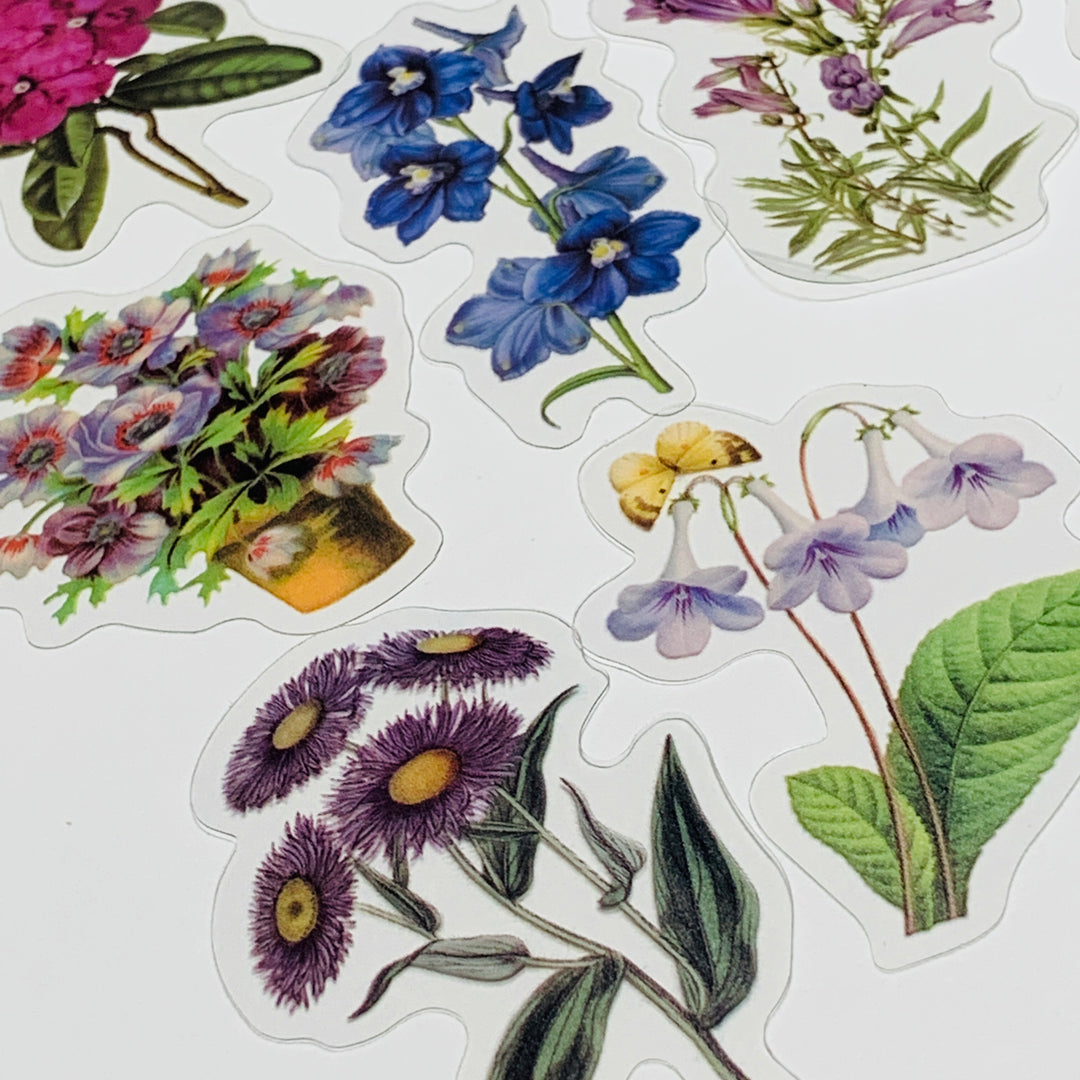 ROMANTIC BLUE & PURPLE WILDFLOWERS Peelable Stickers Pack ~ 40 Pieces, Each Sticker 85-105mm