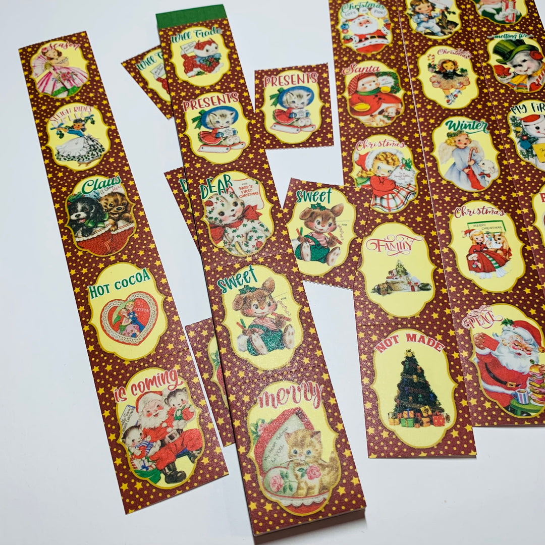 VINTAGE CHRISTMAS TOYS & Animals Ticket Sticker Sheets ~ 1 Stack ~ 150 Stickers in 30 Designs